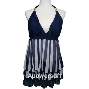 Sexy Dance Two Piece Mesh Stripes Backless Swimdress